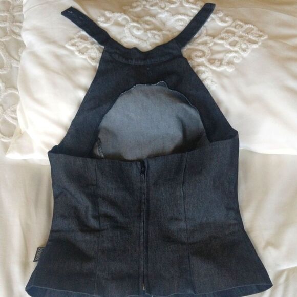XOXO Denim Jewelled  Neck Halter Top - Picture 5 of 11